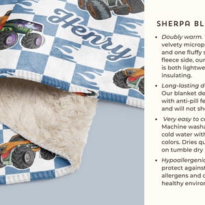 May include: A blue and white checked sherpa blanket featuring a monster truck design and the name "Henry" printed on it. The blanket is soft and fluffy, ideal for keeping warm on chilly evenings.