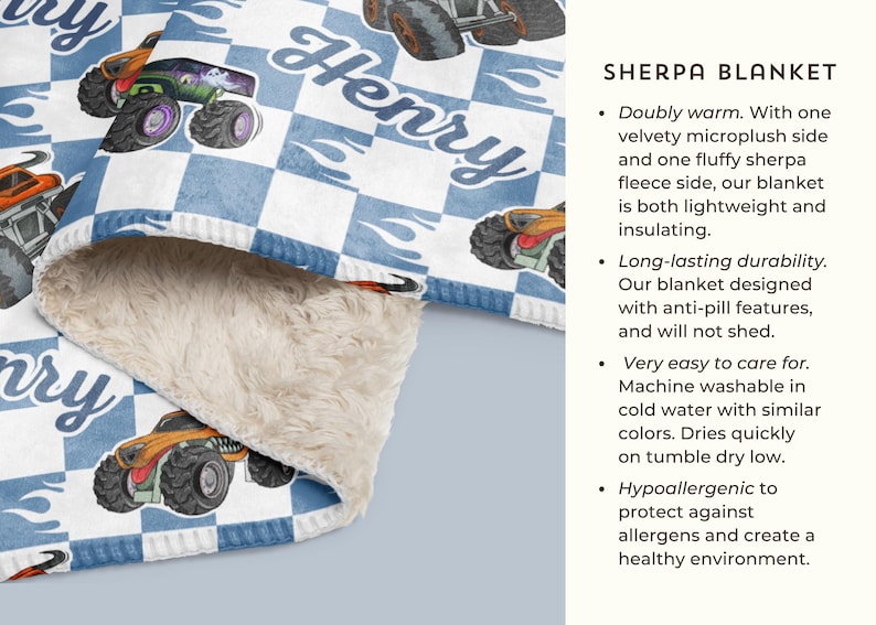 May include: A blue and white checked sherpa blanket featuring a monster truck design and the name "Henry" printed on it. The blanket is soft and fluffy, ideal for keeping warm on chilly evenings.
