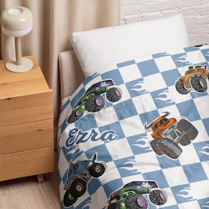 Custom Monster Trucks Duvet Cover, Personalized Microfiber Duvet Cover for Kids, Boys Room Decor, Kid Bedding