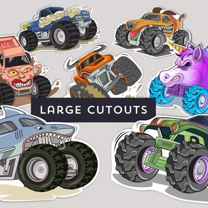 Op de afbeelding: Een set van 8 monstertruck-uitknipsels met verschillende ontwerpen, waaronder een haai, een eenhoorn, een monster met een schedel en een monster met een spook. De uitknipsels zijn gedrukt op wit papier en hebben een zwarte omtrek.