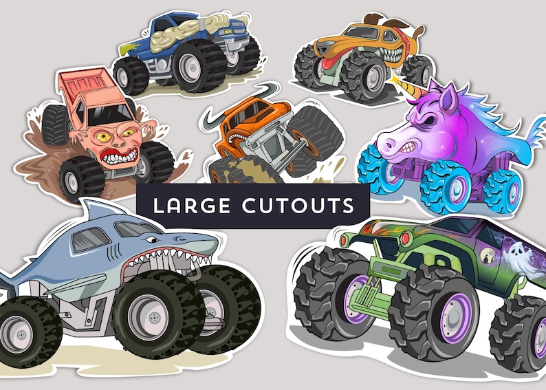 Op de afbeelding: Een set van 8 monstertruck-uitknipsels met verschillende ontwerpen, waaronder een haai, een eenhoorn, een monster met een schedel en een monster met een spook. De uitknipsels zijn gedrukt op wit papier en hebben een zwarte omtrek.