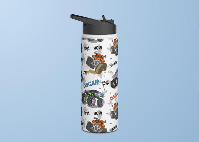 May include: White insulated water bottle with a black lid and a colourful pattern of monster trucks, the words "WOW!" and "OSCAR" and the phrase "CRUNCH!"