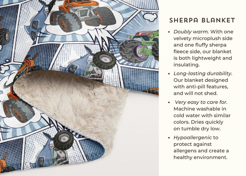 Puede incluir: Una manta de sherpa suave y mullida con un estampado de c&oacute;mic azul y blanco con camiones monstruo. La manta se describe como doblemente c&aacute;lida, duradera e hipoalerg&eacute;nica.