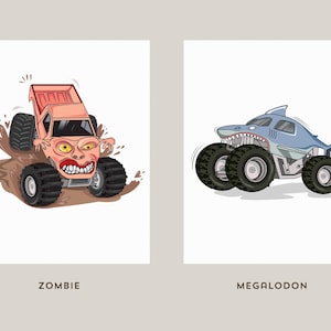 May include: Two cartoon monster truck illustrations. One is a peach-colored truck with a zombie face, driving through mud. The other is a light blue truck designed as a shark. Text at the bottom reads "ZOMBIE" and "MEGALODON".
