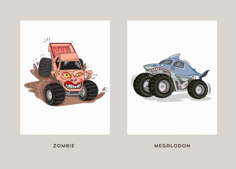 May include: Two cartoon monster truck illustrations. One is a peach-colored truck with a zombie face, driving through mud. The other is a light blue truck designed as a shark. Text at the bottom reads "ZOMBIE" and "MEGALODON".