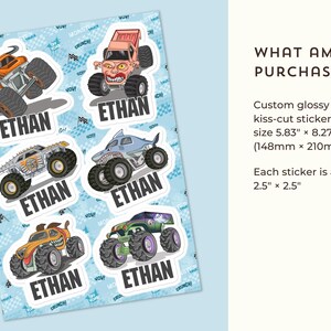 May include: A sheet of custom glossy stickers featuring colorful monster truck designs. Each sticker has the name "ETHAN" printed on it. The sheet measures 5.83" x 8.27", with each sticker approximately 2.5" x 2.5".