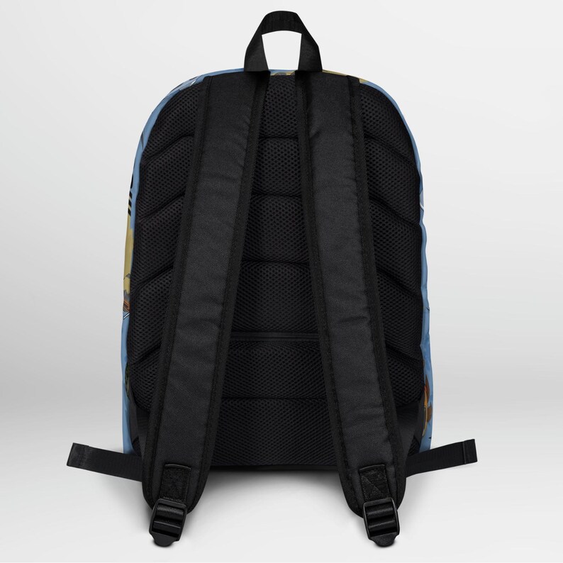 May include: A blue and brown patterned backpack with black adjustable straps and a mesh back panel.