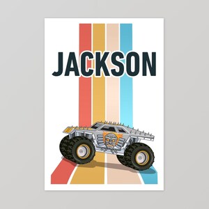 May include: A printable art print featuring a cartoon monster truck with a skull design on a white background with colorful stripes and the name "JACKSON" in black text.