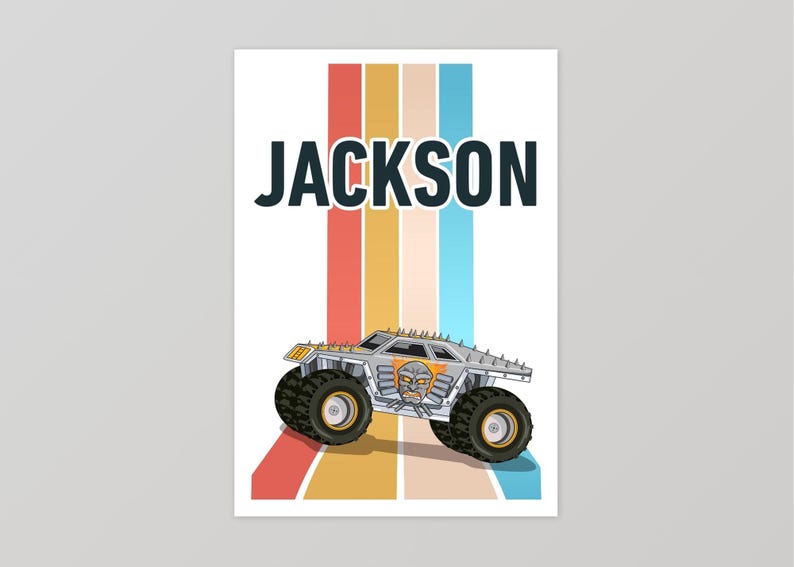 May include: A printable art print featuring a cartoon monster truck with a skull design on a white background with colorful stripes and the name "JACKSON" in black text.