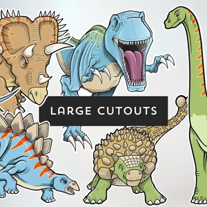 Peut inclure: Un ensemble de cinq découpes de dinosaures de dessin animé. Les dinosaures sont un T-Rex bleu, un Brachiosaure vert, un Tricératops brun, un Stégosaure bleu et un Ankylosaure vert. Les découpes sont toutes dans un style de dessin animé et sont parfaites pour une fête ou une salle de classe sur le thème des dinosaures.