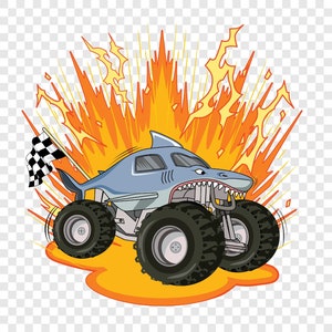 May include: A cartoon monster truck with a shark head design is driving through a fiery explosion. The truck has a checkered flag attached to the side and large black tires.