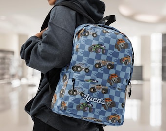 Mochila Monster Trucks Personalizada, Mochila Monster Jam Xadrez Azul, Presente Monster Trucks, Mochila Escolar, Presente de Aniversário para Menino