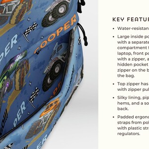 May include: A blue backpack with a monster truck design. The backpack has a zipper with two sliders and the text "GO!!! COOPER GO!!!" printed on the front. The backpack has a water-resistant material, a large inside pocket with a separate compartment for a 15-inch laptop, a front pocket with a zipper, and a hidden pocket with a zipper on the back of the bag.