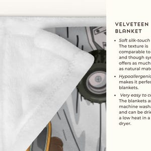 May include: A white Velveteen Minky blanket with a soft, silk-touch fabric. The blanket is machine washable and can be dried on a low heat in a tumble dryer. The texture is comparable to short fur and offers as much luxury as natural materials.