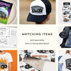 May include: A collection of monster truck-themed items, including a baseball cap, water bottle, backpack, and t-shirts. The cap features a monster truck graphic and the name "CARSON." The water bottle and backpack have a repeating monster truck pattern. The t-shirts display monster truck designs.