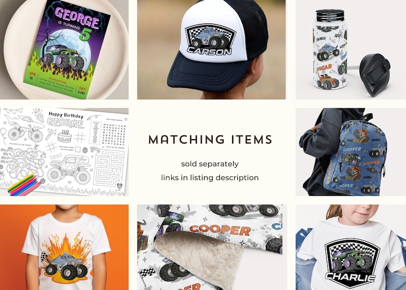 May include: A collection of monster truck-themed items, including a baseball cap, water bottle, backpack, and t-shirts. The cap features a monster truck graphic and the name "CARSON." The water bottle and backpack have a repeating monster truck pattern. The t-shirts display monster truck designs.