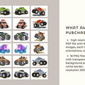 Op de afbeelding: Een set van 18 digitale illustraties van monstertrucks in verschillende kleuren en ontwerpen. De trucks worden afgebeeld in verschillende poses, waaronder rijden, springen en brullen. De illustraties zijn geschikt voor gebruik in verschillende creatieve projecten, zoals scrapbooking, kaartmaken en digitaal ontwerp.