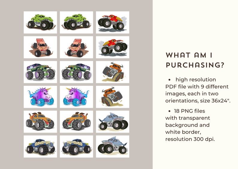 Op de afbeelding: Een set van 18 digitale illustraties van monstertrucks in verschillende kleuren en ontwerpen. De trucks worden afgebeeld in verschillende poses, waaronder rijden, springen en brullen. De illustraties zijn geschikt voor gebruik in verschillende creatieve projecten, zoals scrapbooking, kaartmaken en digitaal ontwerp.