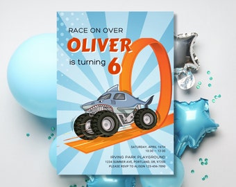 Invitación de cumpleaños de Monster Trucks editable, plantilla de invitación de cumpleaños de niño, invitación de carreras, carrera en carrera, descarga instantánea