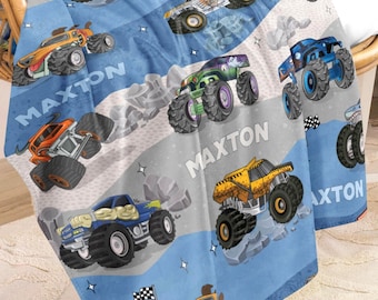 Spersonalizowany koc z Monster Trucks, prezent świąteczny, dekoracja pokoju chłopca, koc Minky, spersonalizowany koc Monster Jam
