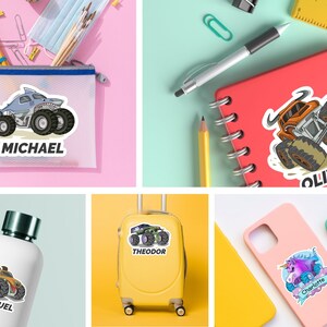 May include: A set of five personalized stickers featuring monster trucks and a unicorn. The stickers are printed on white, glossy paper and are perfect for adding a fun touch to any item. The stickers feature the names "Michael", "Oliver", "Theodor", "Samuel", and "Charlotte".