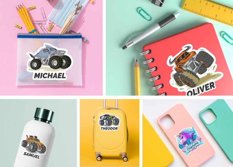 May include: A set of five personalized stickers featuring monster trucks and a unicorn. The stickers are printed on white, glossy paper and are perfect for adding a fun touch to any item. The stickers feature the names "Michael", "Oliver", "Theodor", "Samuel", and "Charlotte".