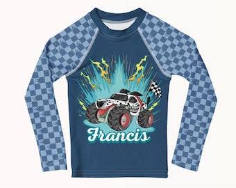 Custom Kids Rash Guard, Monster Trucks Long Sleeve UPF 50+ Sun Protection, Boys or Girls Swim Shirt, Quick Dry Shirt