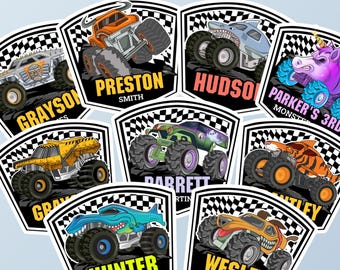 AANGEPASTE naam Monster Trucks-stickers, gepersonaliseerde duurzame vinyl Kiss-Cut-stickers, Monster Trucks-stickers