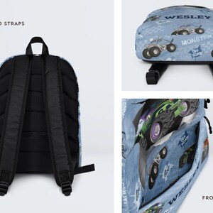 May include: Blue backpack with a monster truck pattern. Features padded straps and a front pocket. The backpack has the name "WESLEY" printed on it, along with the words "MONSTER OFF ROAD".
