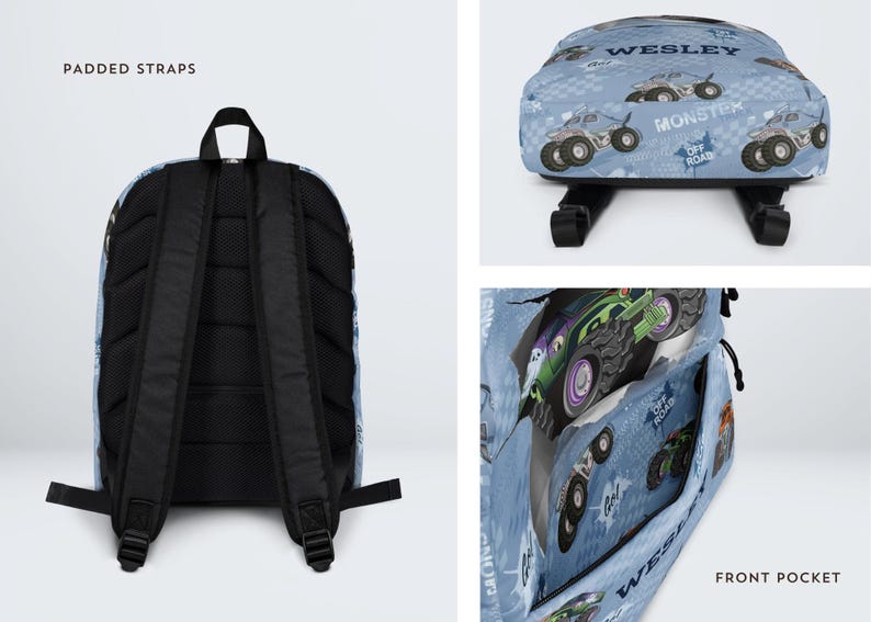 May include: Blue backpack with a monster truck pattern. Features padded straps and a front pocket. The backpack has the name "WESLEY" printed on it, along with the words "MONSTER OFF ROAD".