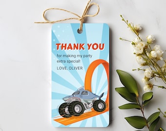 EDITABLE Monster Trucks Thank You Swing Tag Template, Boy Birthday, Monster Jam Favor Tag, Goodie Bag, Megalodon, Instant Download
