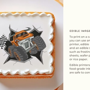Pu&ograve; includere: Una torta quadrata con glassa bianca e un'immagine stampata di un monster truck arancione che sfonda un muro. La torta &egrave; su un piatto bianco. Il testo "EDIBLE IMAGES PRINTS" &egrave; sul lato destro dell'immagine. Il testo sottostante recita: "Per stampare su una torta, puoi usare una stampante commestibile, inchiostro commestibile e un foglio commestibile, come fogli di glassa, carta da cialda o carta di riso. Le stampanti commestibili utilizzano inchiostri di qualit&agrave; alimentare che sono sicuri da consumare."