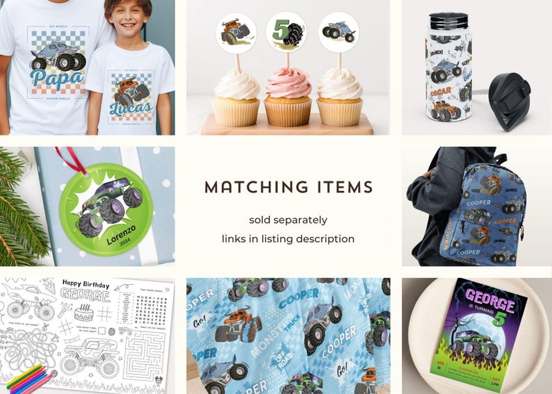 K&ouml;nnte beinhalten: Eine Auswahl an Artikeln zum Thema Monstertrucks, darunter T-Shirts, Cupcake-Dekorationen, eine Wasserflasche, ein Rucksack, eine Decke, ein Malbuch und eine Geburtstagseinladung. Der Text enth&auml;lt "Papa", "Lucas", "Lorenzo", "George" und "COOPER".