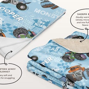 Pu&ograve; includere: Una coperta in sherpa blu e bianca con un design di camion mostro. La coperta presenta le parole "Monster", "Cooper", "Off Road" e "Go!" La coperta &egrave; reversibile con un lato morbido e vellutato e un lato in sherpa soffice.