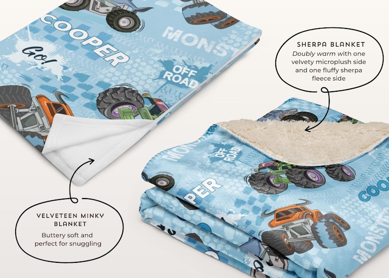 Pu&ograve; includere: Una coperta in sherpa blu e bianca con un design di camion mostro. La coperta presenta le parole "Monster", "Cooper", "Off Road" e "Go!" La coperta &egrave; reversibile con un lato morbido e vellutato e un lato in sherpa soffice.
