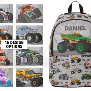 May include: A gray backpack featuring a repeating pattern of various monster trucks and a large central graphic of a green dragon-themed monster truck with the name DANIEL printed above it. The image also displays 16 design options for the backpack.