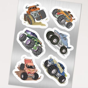 May include: Six colorful monster truck stickers with different designs. The stickers feature a variety of monster trucks with different colors, designs, and expressions.
