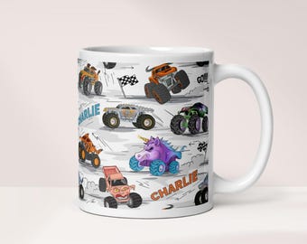 Aangepaste monstertrucks kindermok, gepersonaliseerde kinderbeker, jongenstruckmokken, keramische mok