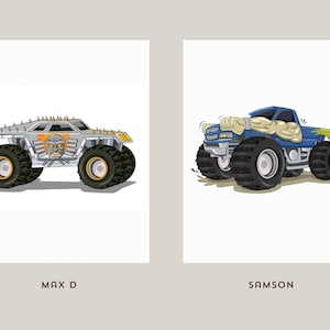 May include: Two illustrations of monster trucks. The first is silver with a spiked roof and a skull design, labeled "MAX D." The second is blue with large arms and the name "SAMSON" below. Both have large black tires.