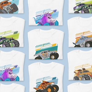 Vit t-shirt med Monster Trucks-motiv, 100 % bomull, matchande födelsedagströja, personliga familjetröjor med pit crew-motiv, födelsedagströja för pojkar