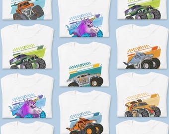 Custom Name Monster Trucks White T-Shirt, 100 % Cotton Tee, Matching Birthday Shirt, Personalized Family Pit Crew Shirts, Boy Birthday Shirt