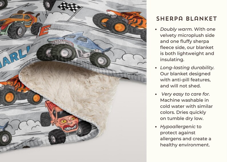 May include: Sherpa blanket with a repeating pattern of monster trucks in orange, blue, and red on a grey background. The blanket has a soft, plush, cream-coloured underside.