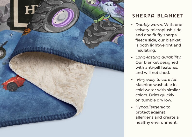 May include: Sherpa blanket featuring a monster truck design with a blue background and a soft, cream-colored interior. The blanket has a velvety microplush side and a fluffy sherpa fleece side.