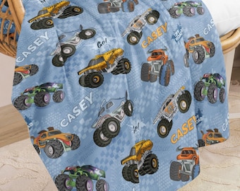 Spersonalizowany koc z motywem Monster Trucks, Minky, Sherpa, spersonalizowany koc, spersonalizowany koc, prezent urodzinowy, koc dla miłośnika Monster Trucks