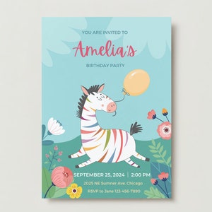 EDITABLE Rainbow Zebra Birthday Invitation Template Instant Download