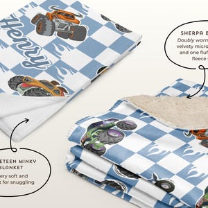 May include: A blue and white checkered fleece blanket with a monster truck design and the name "Henry" printed on it. The blanket is folded in half, showing the sherpa side and the minky side.