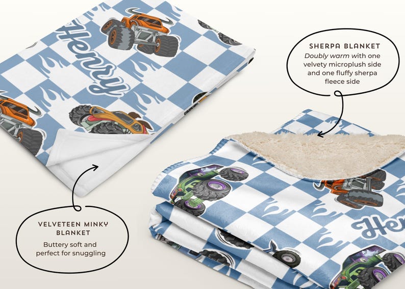 May include: A blue and white checkered fleece blanket with a monster truck design and the name "Henry" printed on it. The blanket is folded in half, showing the sherpa side and the minky side.