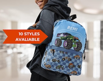 Custom Monster Trucks Backpack, Blue Checkered Monster Jam Backpack, Monster Trucks Gift, School Backpack, Bookbag for Kids