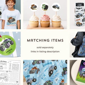 May include: Monster truck themed party supplies including a birthday banner, cupcake toppers, a water bottle, a backpack, a coloring page, and an ornament. The items are personalized with the names "George", "Lorenzo", and "Cooper".