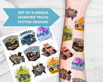 Custom Monster Trucks Temporary Tattoos Set of 9, Personalized Monster Truck Fake Tattoo, Party Favors